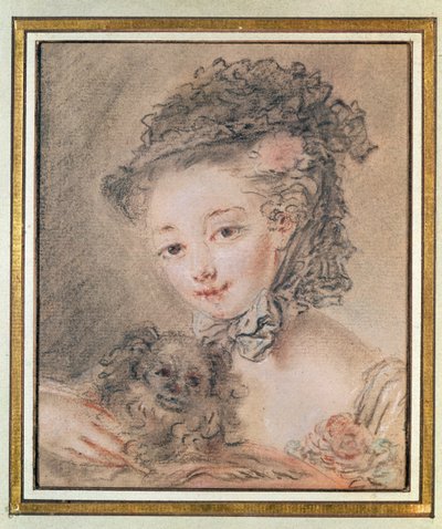 小さな犬を持つ少女（木炭と紙に赤いチョーク） 作： François Boucher